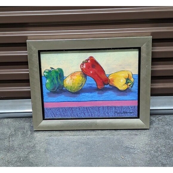 3 Peppers and a Mango Oil Pastel Drawing By Marcia B. Hansen Matted And Framed‎